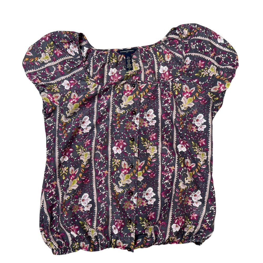 Banana Republic Silk Blend Floral Boho Square Neck Puff Sleeve Blouse XS Purple